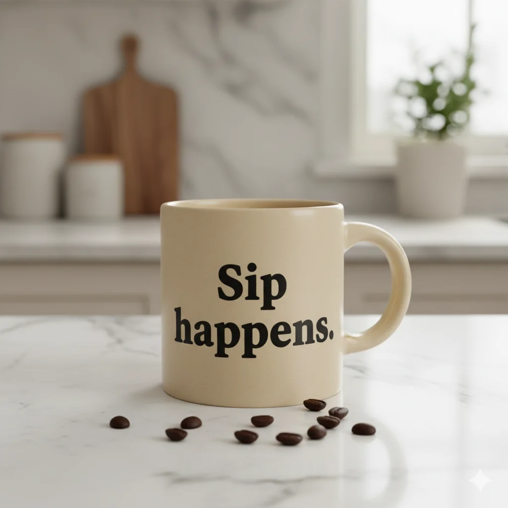 12 Best modern Handmade Mugs for Coffee Lovers 2025 2 A warm beige handmade ceramic mug with bold text ‘Sip happens