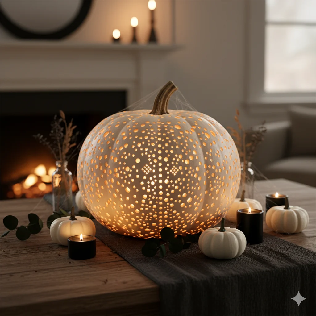 15 Pumpkin Carving Ideas for Halloween 2025 16 A white pumpkin with drilled dot light patterns