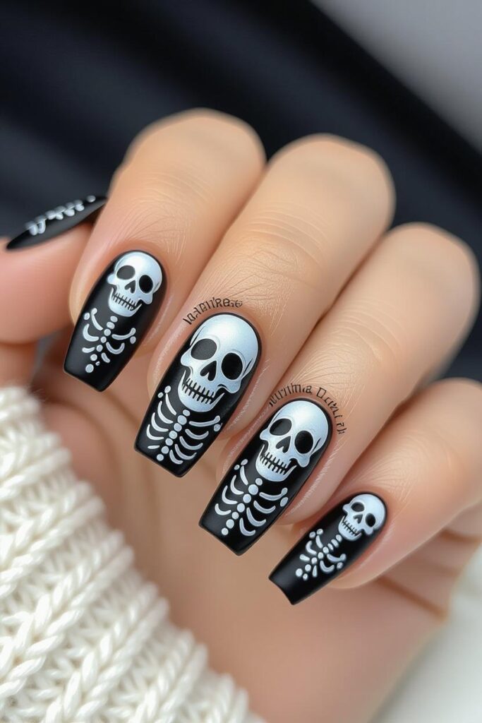17 Halloween Nail Ideas for 2025 7 Black Halloween nails with white skeleton and skull designs