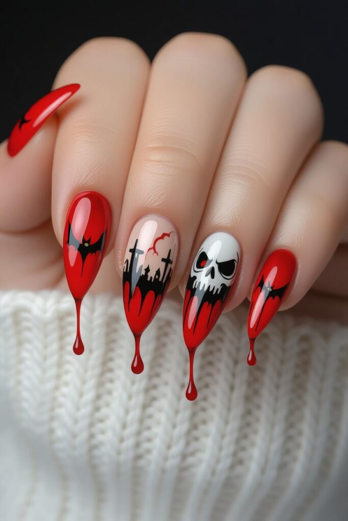 17 Halloween Nail Ideas for 2025 5 Bloody drip Halloween nail art with red dripping tips over nude base