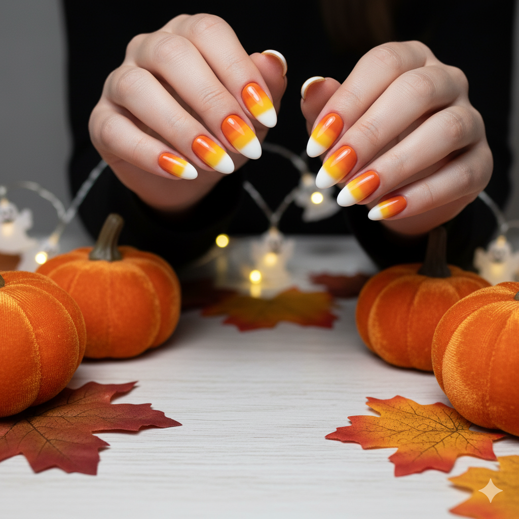 17 Halloween Nail Ideas for 2025 12 Candy corn nail art with orange yellow and white ombre