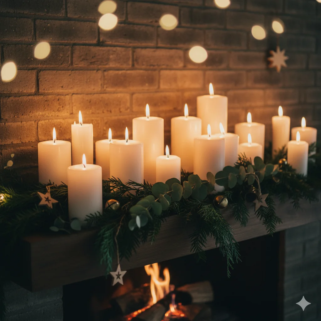 13 Christmas Fireplace Mantel Ideas: Cozy & Festive Inspiration 13 Christmas mantel focused on candles multiple white pillar candles