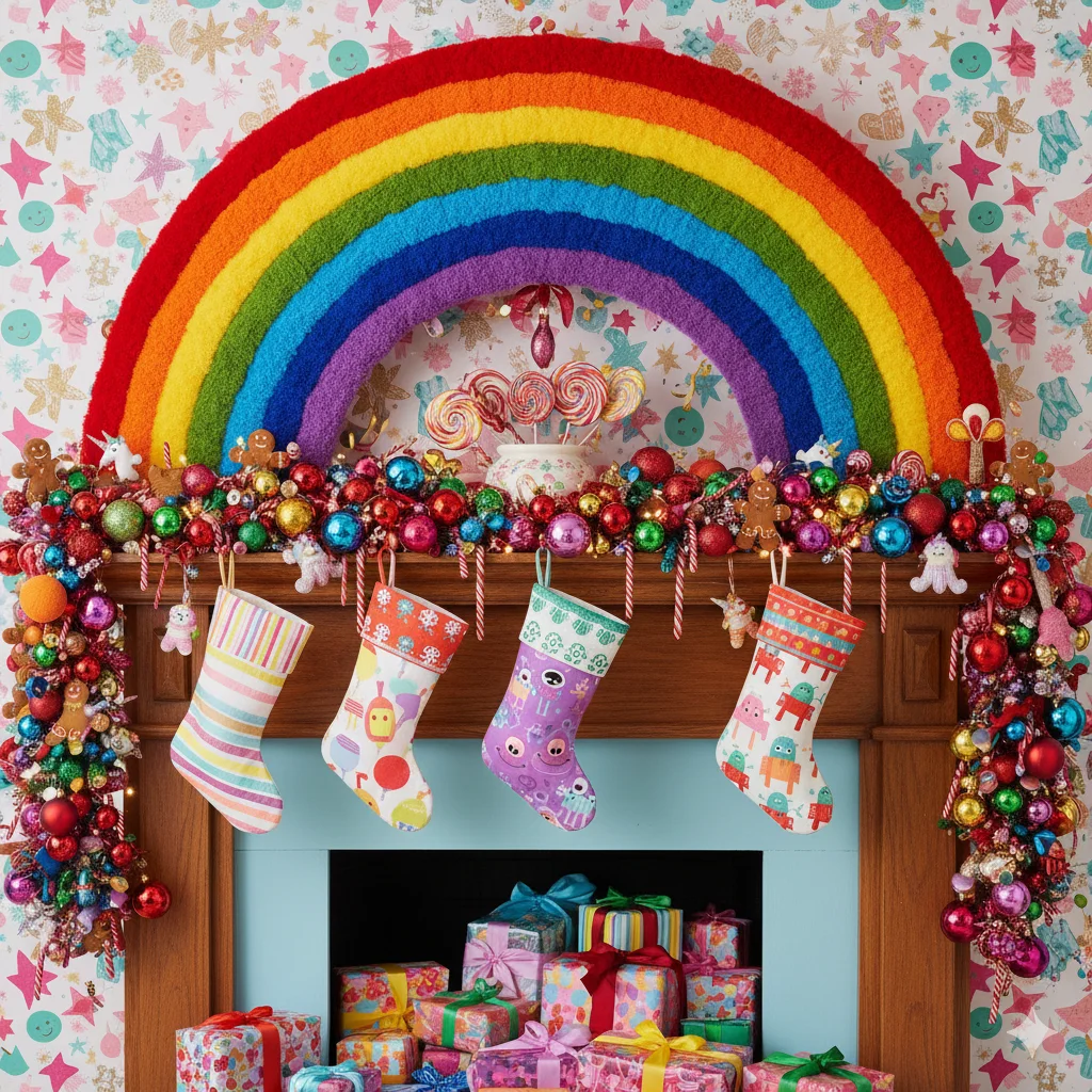 13 Christmas Fireplace Mantel Ideas: Cozy & Festive Inspiration 8 Christmas mantel with bright ornaments rainbow garland