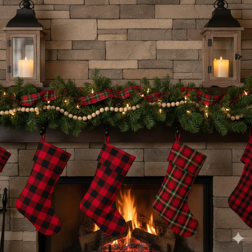 13 Christmas Fireplace Mantel Ideas: Cozy & Festive Inspiration 4 Christmas mantel with red buffalo plaid