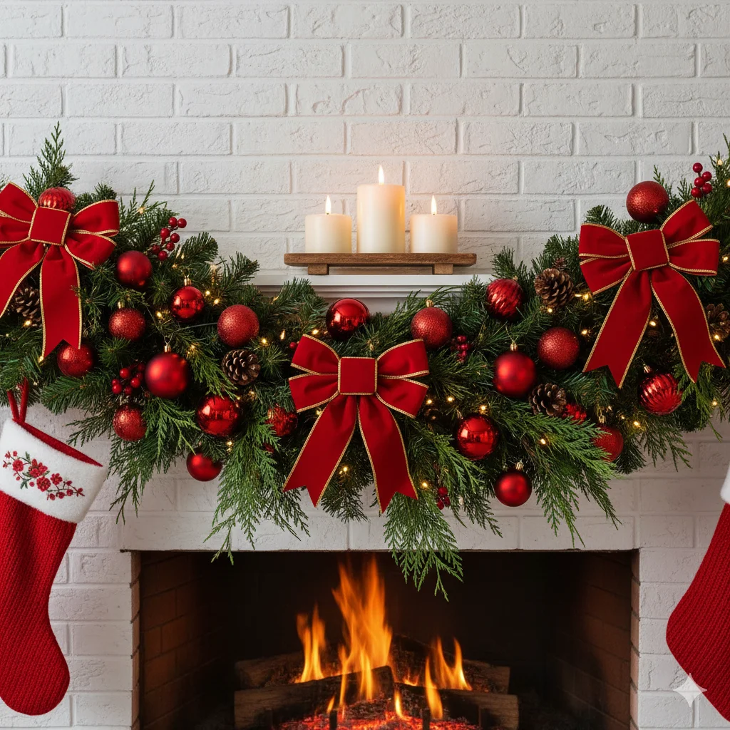 13 Christmas Fireplace Mantel Ideas: Cozy & Festive Inspiration 1 Classic Red and Green Garland Display