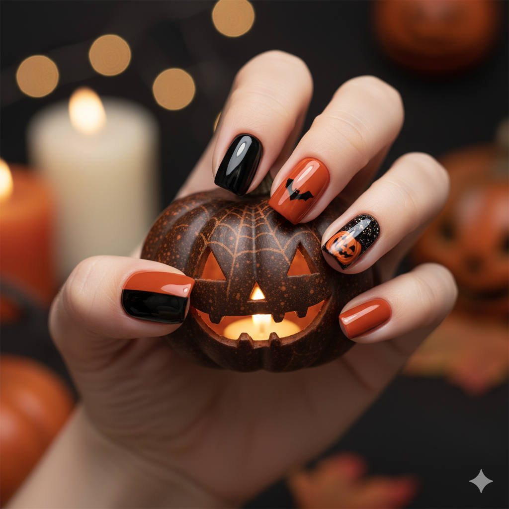 17 Halloween Nail Ideas for 2025 2 Close up of elegant black and orange Halloween nails
