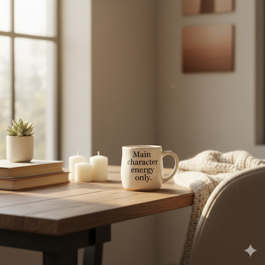 12 Best modern Handmade Mugs for Coffee Lovers 2025 9 Cream handmade ceramic mug with elegant black text ‘Main character energy only