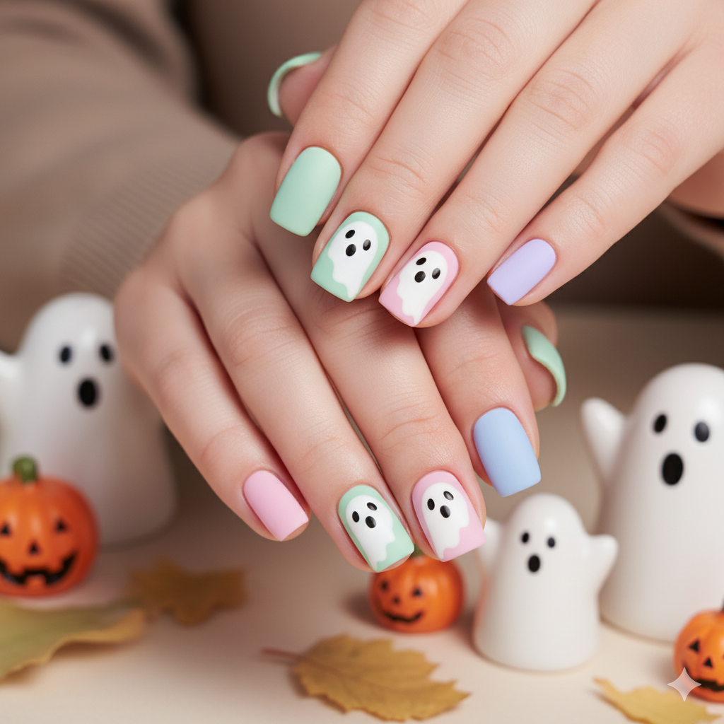 17 Halloween Nail Ideas for 2025 3 Cute ghost nail art with white ghost faces on pastel base