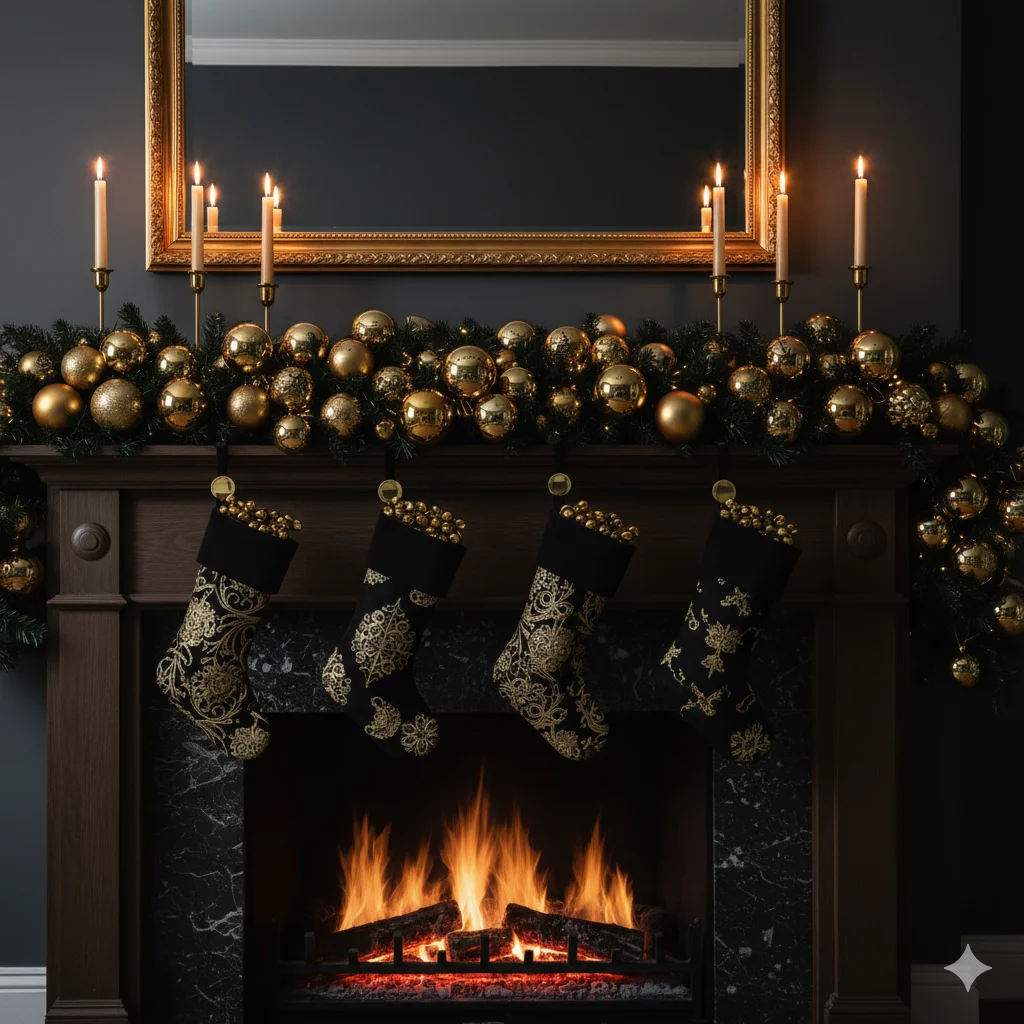 13 Christmas Fireplace Mantel Ideas: Cozy & Festive Inspiration 10 Dramatic Christmas mantel with black garland