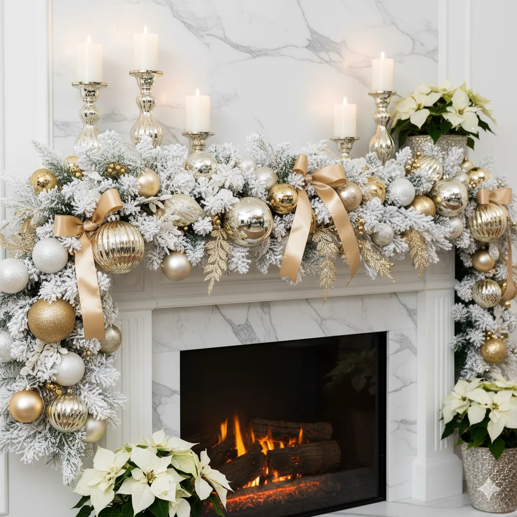 13 Christmas Fireplace Mantel Ideas: Cozy & Festive Inspiration 3 Elegant Christmas mantel with white flocked garland