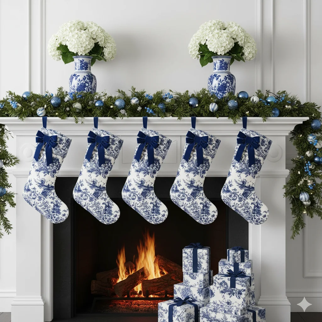 13 Christmas Fireplace Mantel Ideas: Cozy & Festive Inspiration 12 Elegant mantel with blue and white chinoiserie vases