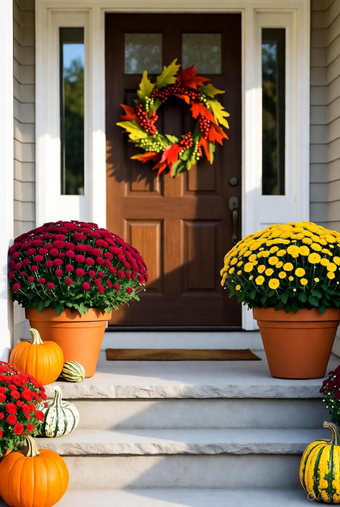 10 Easy Front Porch Flower Pot Ideas for a Charming Entryway 7 Front porch seasonal flower display large terracotta pots filled with autumn mums in rust