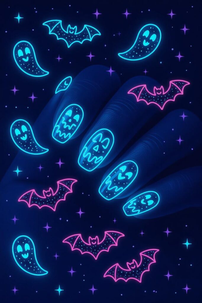 17 Halloween Nail Ideas for 2025 9 Glow in the dark Halloween nails with ghost and bat patterns