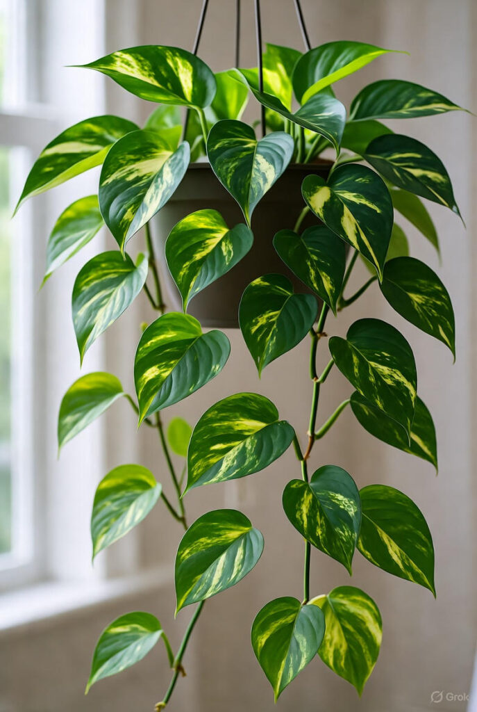 Best Indoor Plants for Air Purification: Breathe Cleaner & Beautify Your Home 8 Golden pothos Epipremnum aureum trailing from a hanging planter