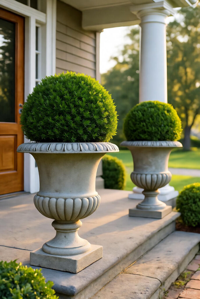10 Easy Front Porch Flower Pot Ideas for a Charming Entryway 10 Grand stone urns on front porch steps each containing perfectly shaped boxwood topiary spheres