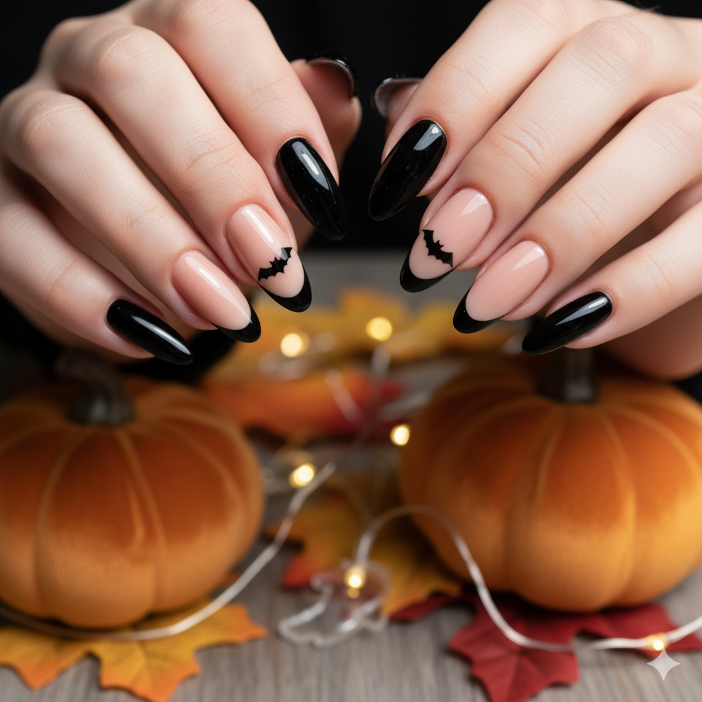 17 Halloween Nail Ideas for 2025 17 Halloween French tip nails with small black bat designs