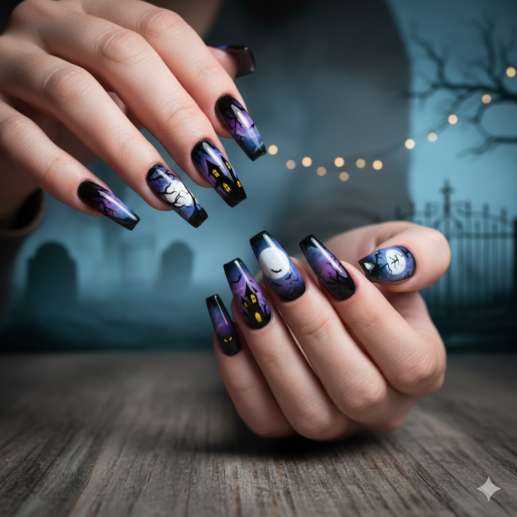 17 Halloween Nail Ideas for 2025 14 Halloween haunted house nail art with moon bats and spooky sky