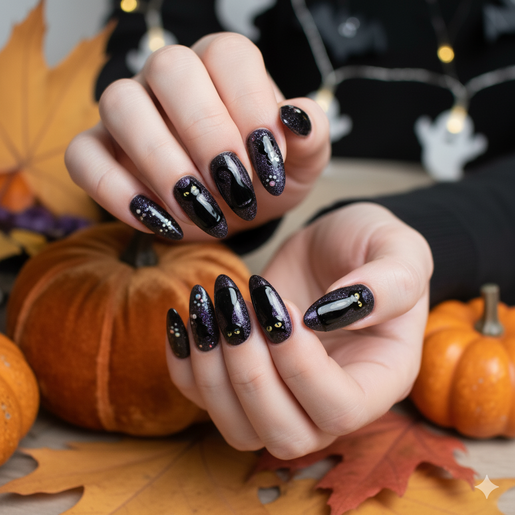 17 Halloween Nail Ideas for 2025 11 Halloween nails with black cat silhouettes on nude base