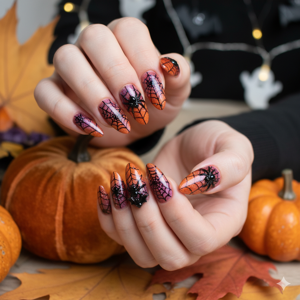 17 Halloween Nail Ideas for 2025 4 Halloween nails with delicate black spider web design