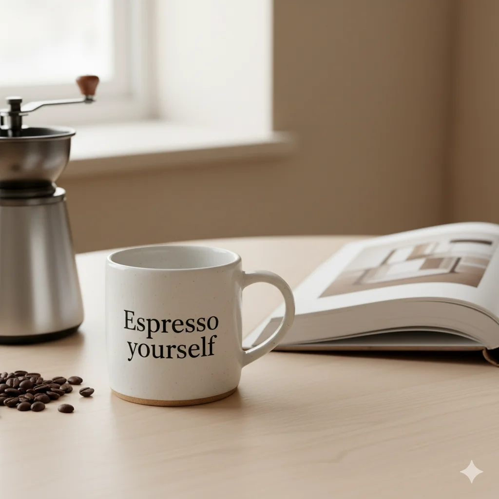 12 Best modern Handmade Mugs for Coffee Lovers 2025 13 Handmade off white mug with the quote ‘Espresso yourself