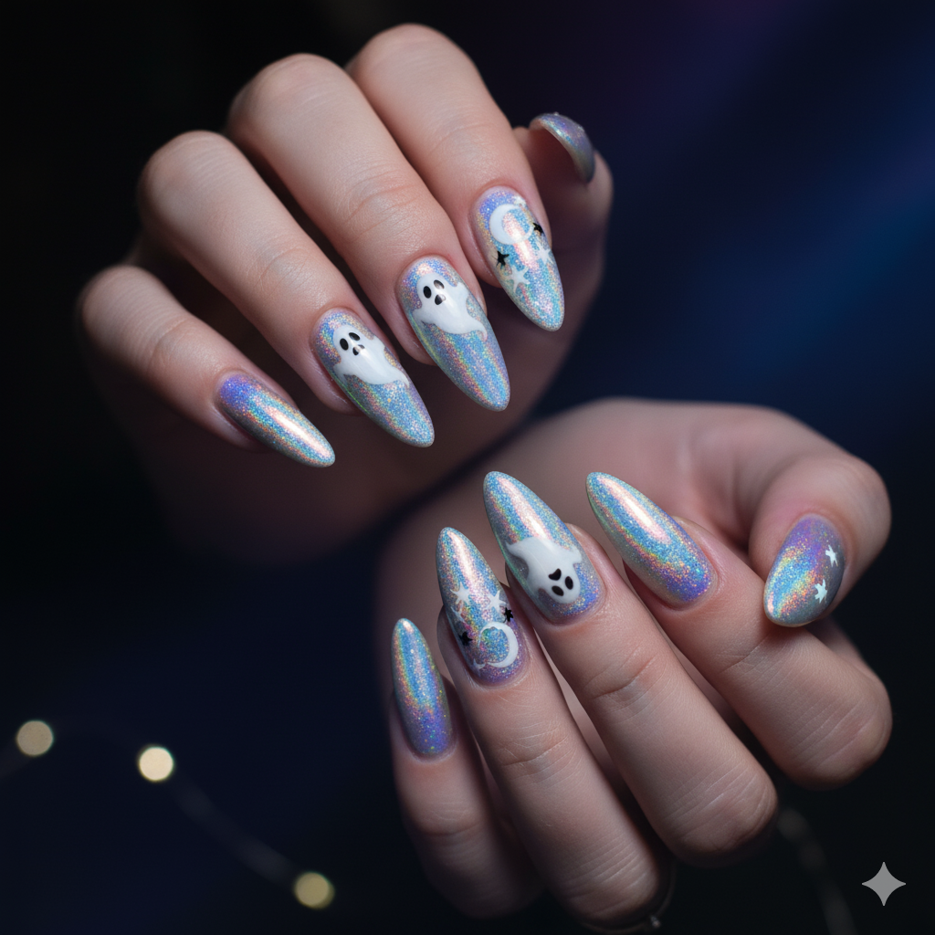 17 Halloween Nail Ideas for 2025 18 Holographic Halloween nails with ghost decals