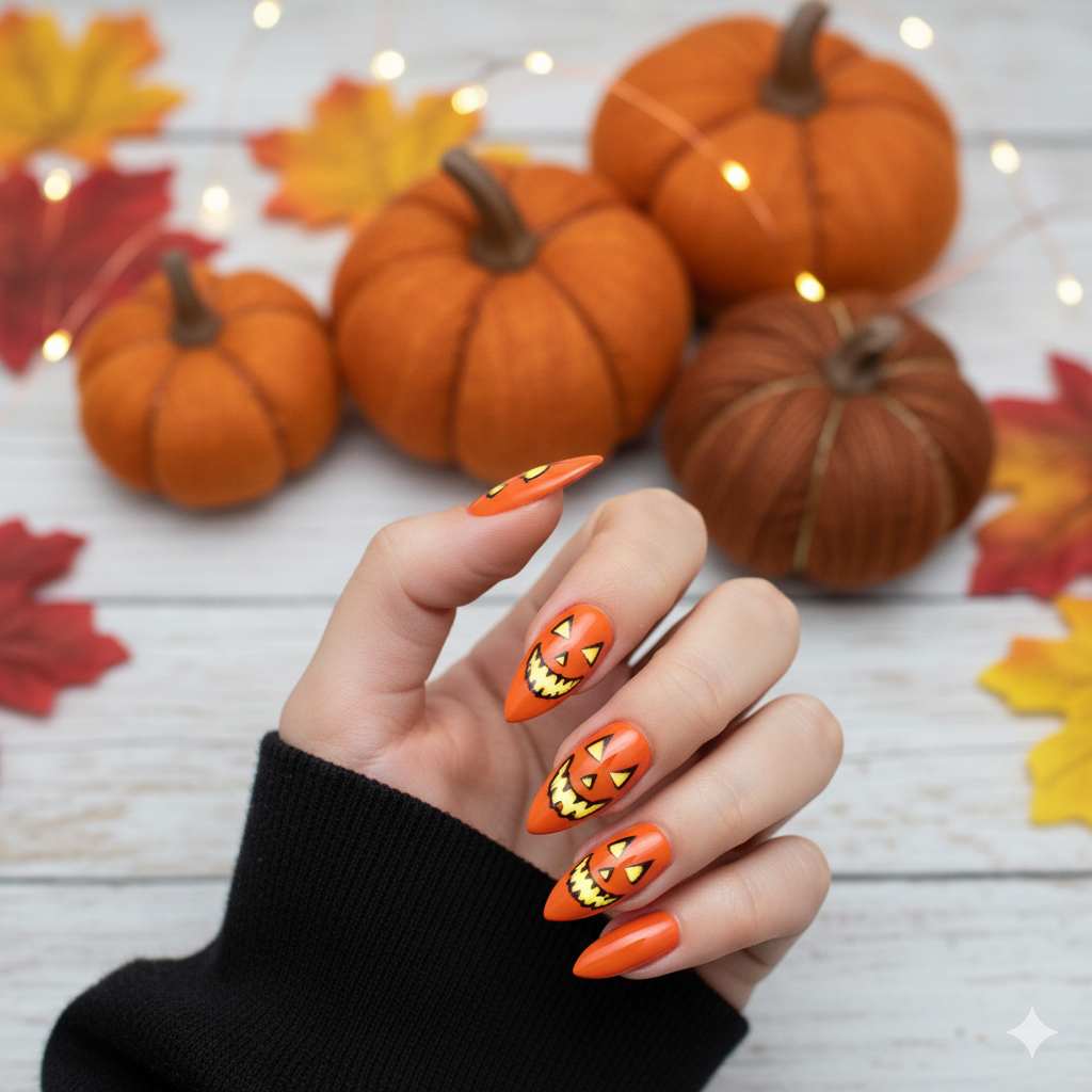 17 Halloween Nail Ideas for 2025 16 Jack O Lantern Halloween nails with orange pumpkin faces