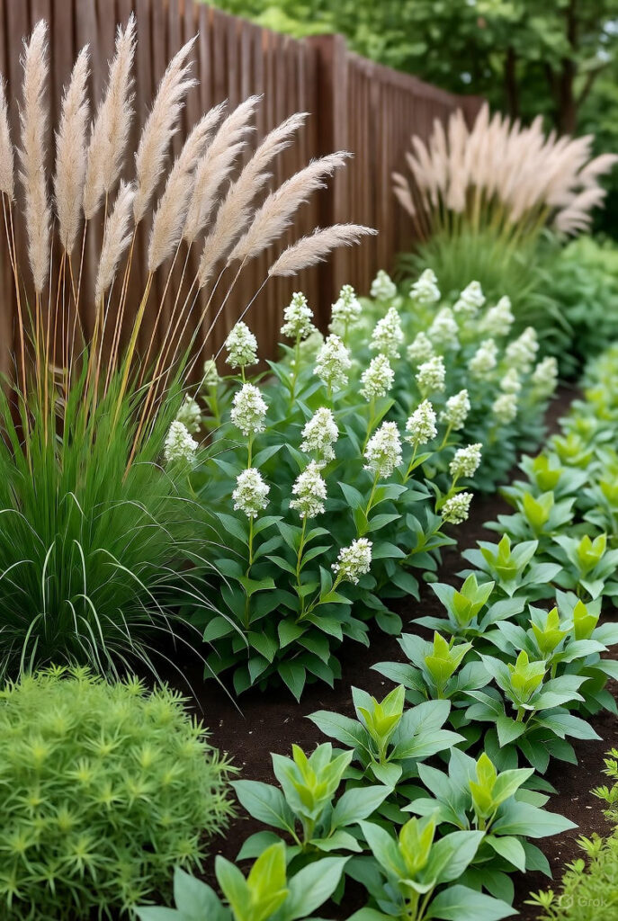 10 Small Backyard Privacy Ideas That Feel Big on Style 4 Layered garden border with tall ornamental grasses medium flowering shrubs and low groundcover plants
