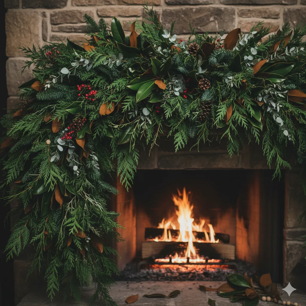 13 Christmas Fireplace Mantel Ideas: Cozy & Festive Inspiration 9 Lush Christmas mantel overflowing with mixed evergreen branches