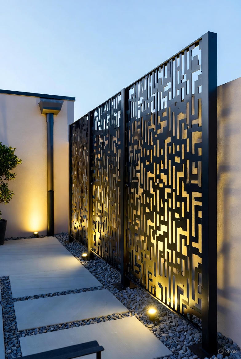 Modern geometric metal privacy screen panels with laser cut pattern