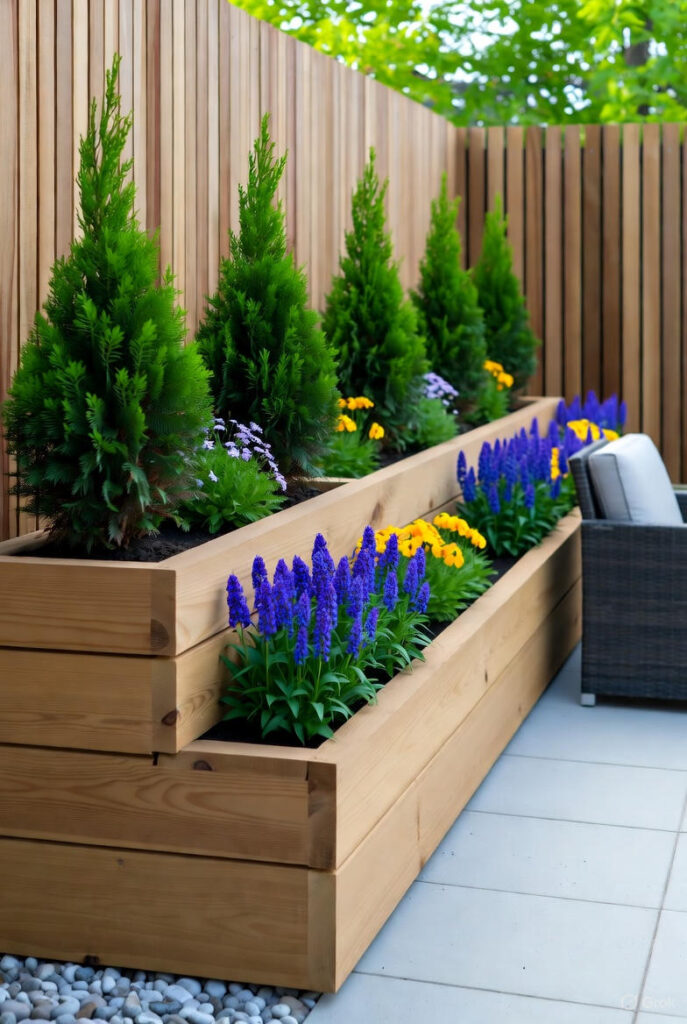 10 Small Backyard Privacy Ideas That Feel Big on Style 6 Modern tiered wooden planter boxes in graduating heights