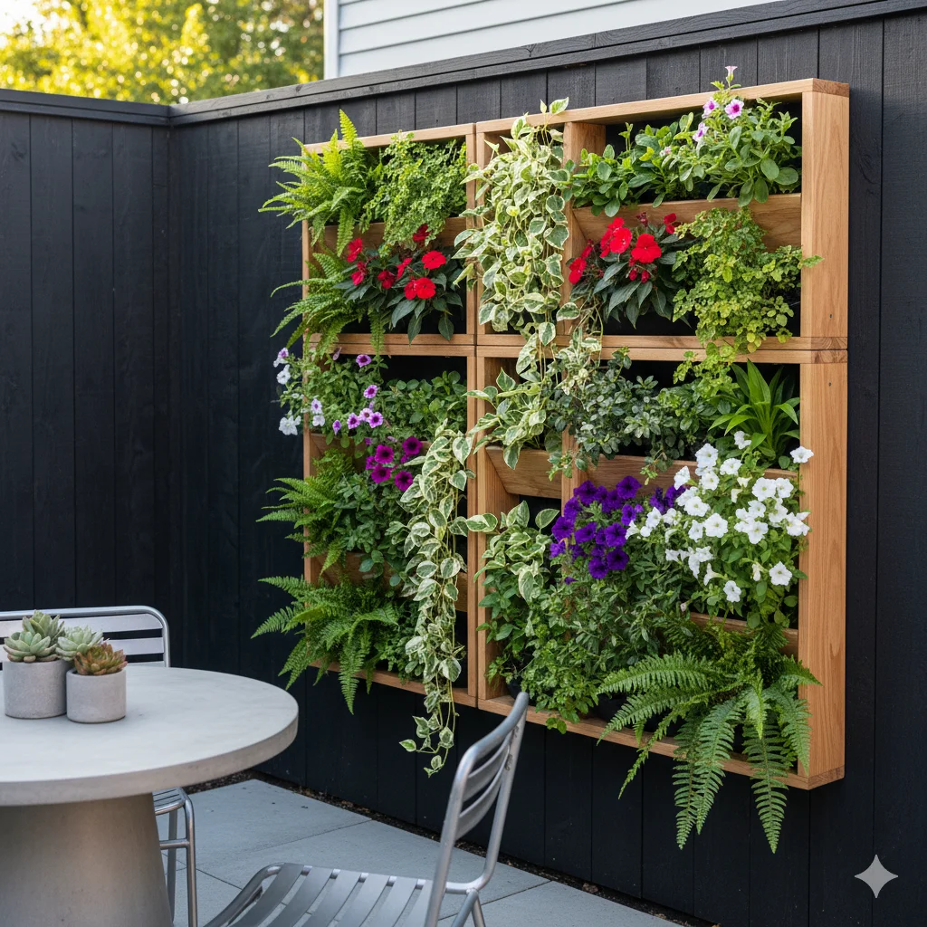10 Small Backyard Privacy Ideas That Feel Big on Style 2 Modern vertical garden wall with wooden frame structure filled with lush green ferns trailing pothos and colorful flowering plants