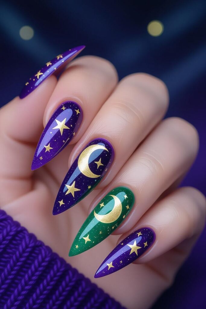 17 Halloween Nail Ideas for 2025 8 Mystical witch themed nails with purple and green tones