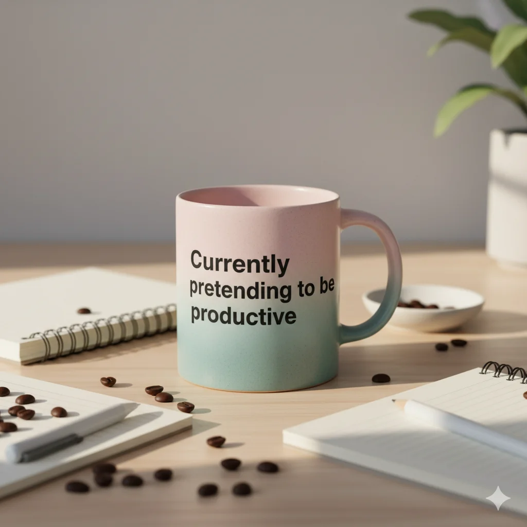 12 Best modern Handmade Mugs for Coffee Lovers 2025 4 Pastel handmade mug with text ‘Currently pretending to be productive