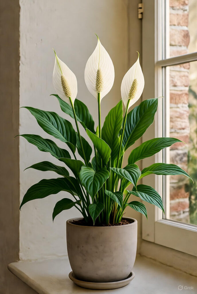 Best Indoor Plants for Air Purification: Breathe Cleaner & Beautify Your Home 3 Peace lily Spathiphyllum with white blooms in a modern ceramic pot