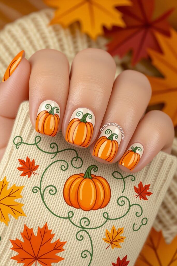 17 Halloween Nail Ideas for 2025 6 Pumpkin patch nail art with orange pumpkin