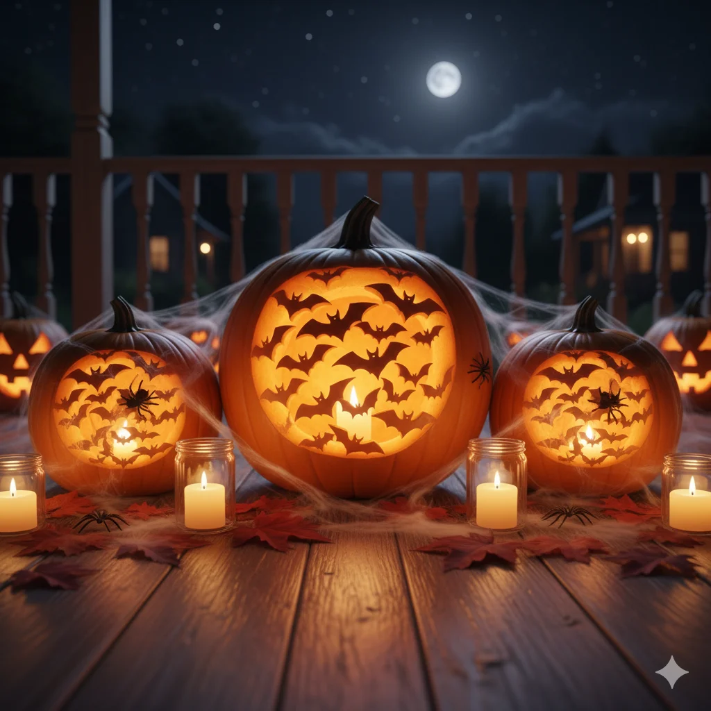 15 Pumpkin Carving Ideas for Halloween 2025 10 Pumpkins carved with flying bat silhouettes glowing at night