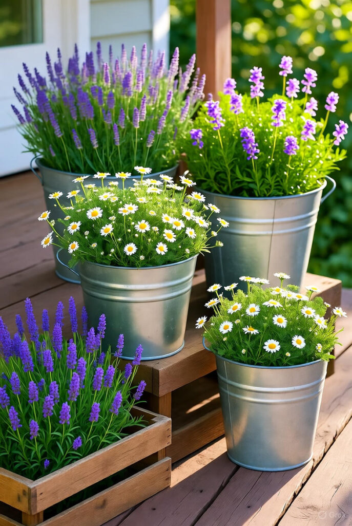 10 Easy Front Porch Flower Pot Ideas for a Charming Entryway 5 Rustic galvanized metal buckets and wooden crates used as flower planters on farmhouse front porch