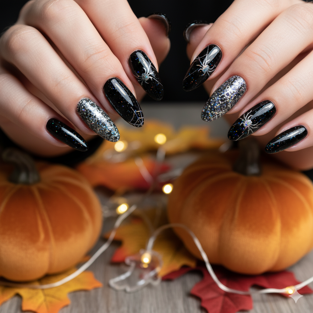 17 Halloween Nail Ideas for 2025 15 Sparkly Halloween nail art with black glitter polish