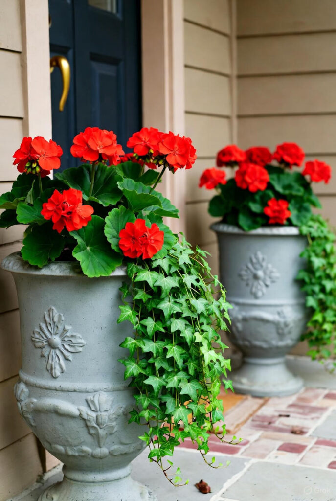 10 Easy Front Porch Flower Pot Ideas for a Charming Entryway 2 Two large matching ceramic planters flanking a front door filled with lush red geraniums and trailing ivy