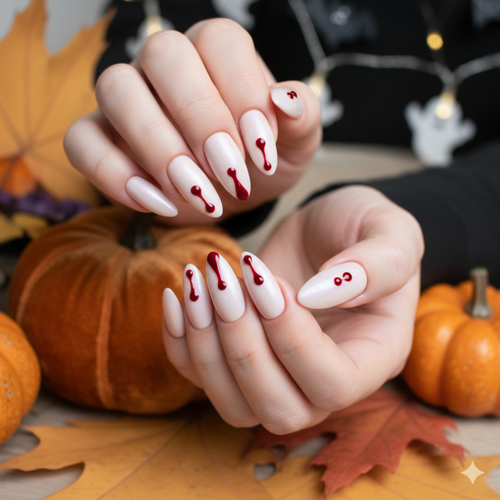 17 Halloween Nail Ideas for 2025 13 Vampire bite Halloween nail art with tiny red bite marks