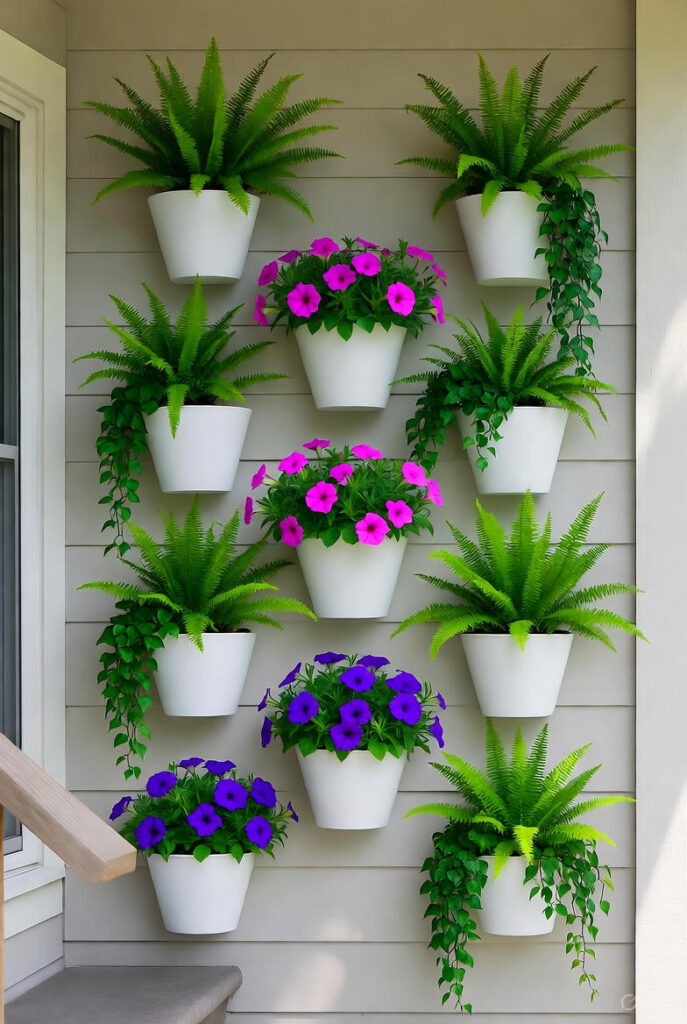 10 Easy Front Porch Flower Pot Ideas for a Charming Entryway 8 Vertical wall garden on front porch wall multiple small white ceramic wall mounted planters