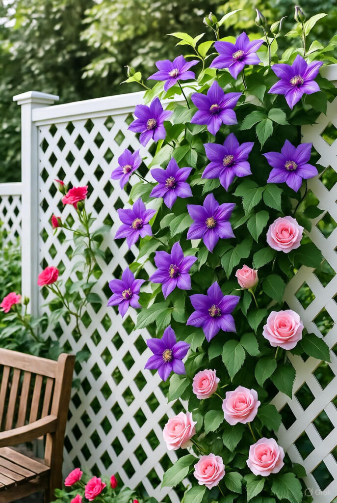 10 Small Backyard Privacy Ideas That Feel Big on Style 5 White lattice panel fence covered with blooming clematis and climbing roses