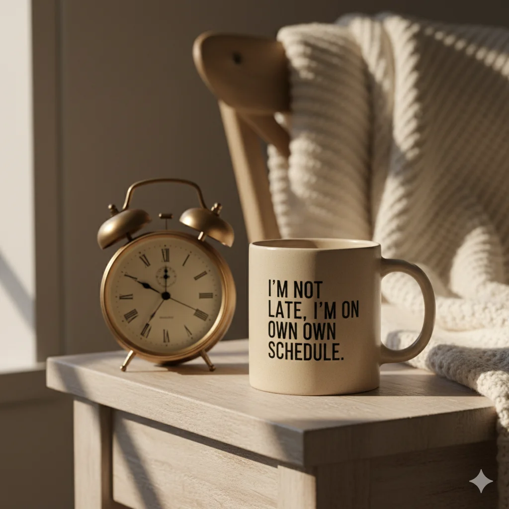 12 Best modern Handmade Mugs for Coffee Lovers 2025 5 handmade ceramic mug with black text ‘Im not late Im on my own schedule