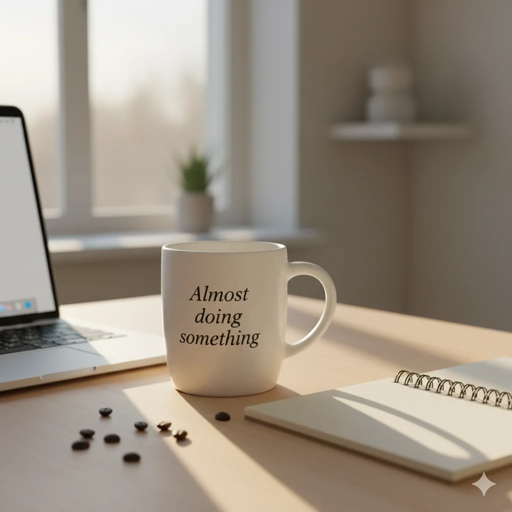 12 Best modern Handmade Mugs for Coffee Lovers 2025 12 handmade mug with soft black text ‘Almost doing something