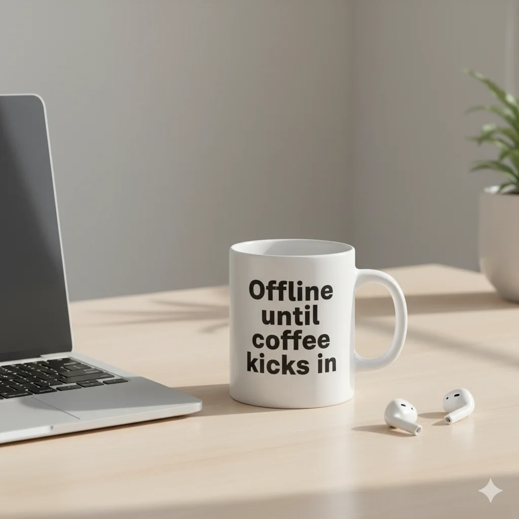 12 Best modern Handmade Mugs for Coffee Lovers 2025 7 handmade white mug with black text ‘Offline until coffee kicks in