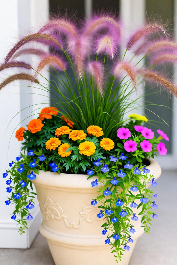 10 Easy Front Porch Flower Pot Ideas for a Charming Entryway 4 ive flower pot with mixed planting arrangement tall purple fountain grass in center