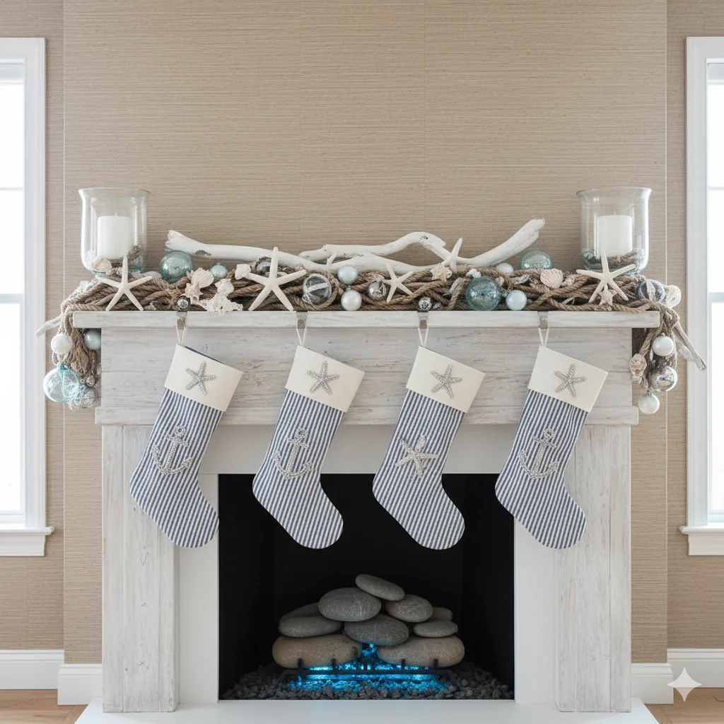 13 Christmas Fireplace Mantel Ideas: Cozy & Festive Inspiration 11 oastal Christmas mantel with white driftwood starfish ornaments