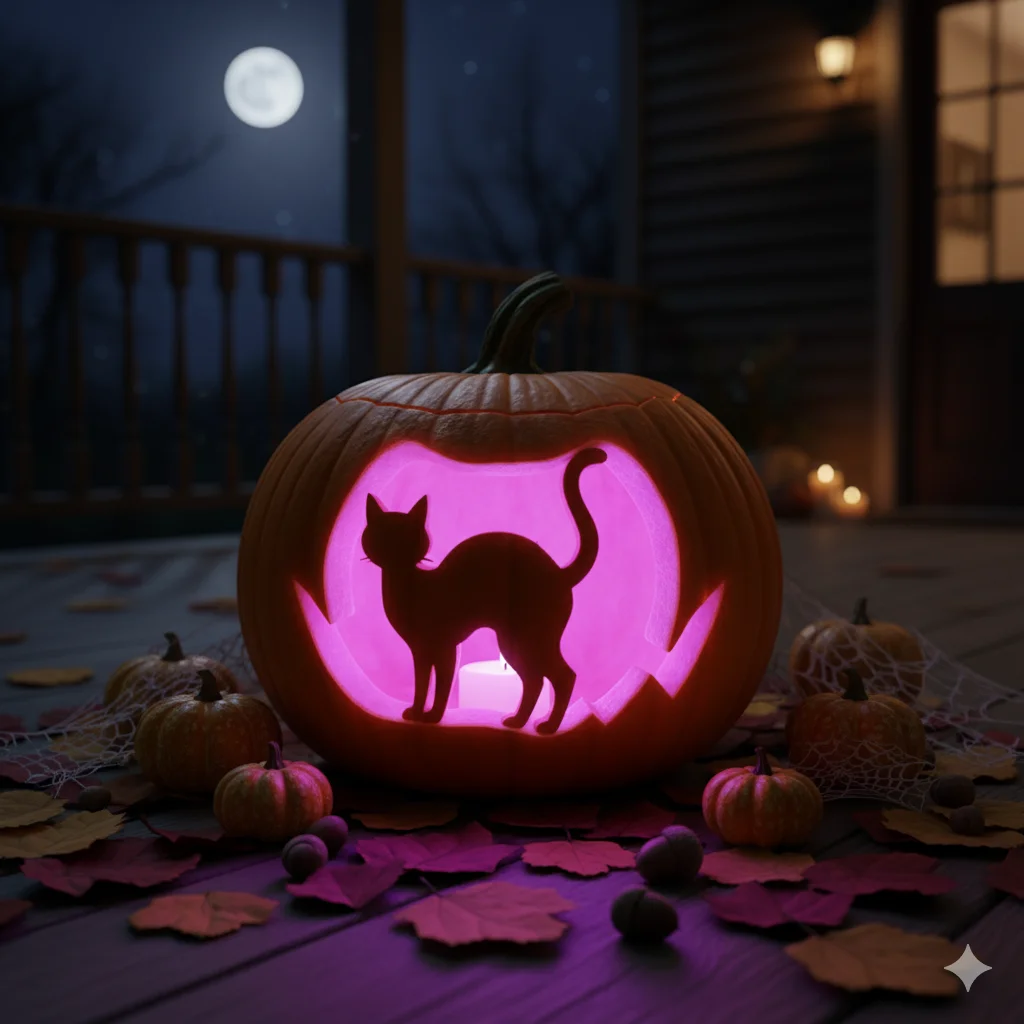 15 Pumpkin Carving Ideas for Halloween 2025 3 pumpkin carved with a black cat silhouette