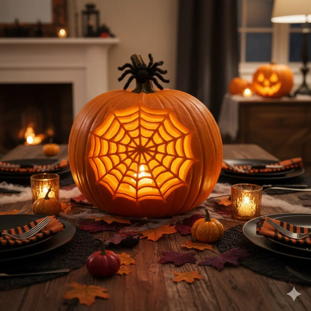 15 Pumpkin Carving Ideas for Halloween 2025 5 pumpkin carved with a detailed spider web pattern