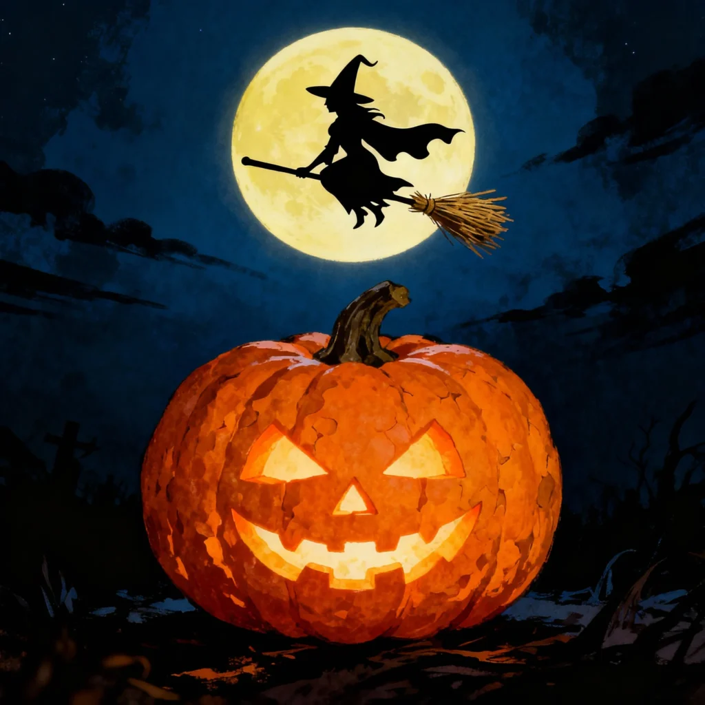 15 Pumpkin Carving Ideas for Halloween 2025 7 pumpkin carved with a witch silhouette flying on a broomstick